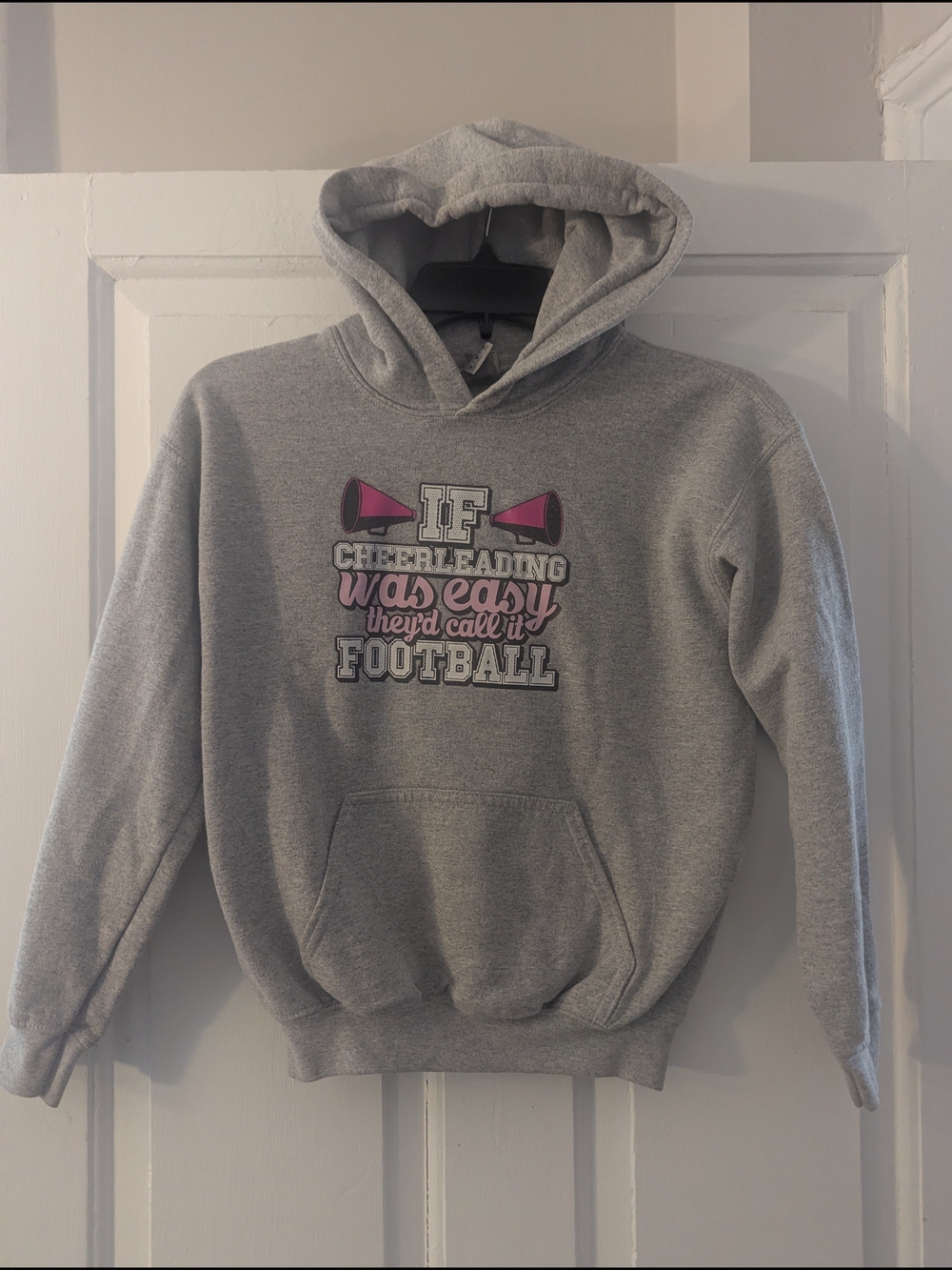 Gildan Gray Kids Hoodie with Pink Cheer Megaphone Graphic